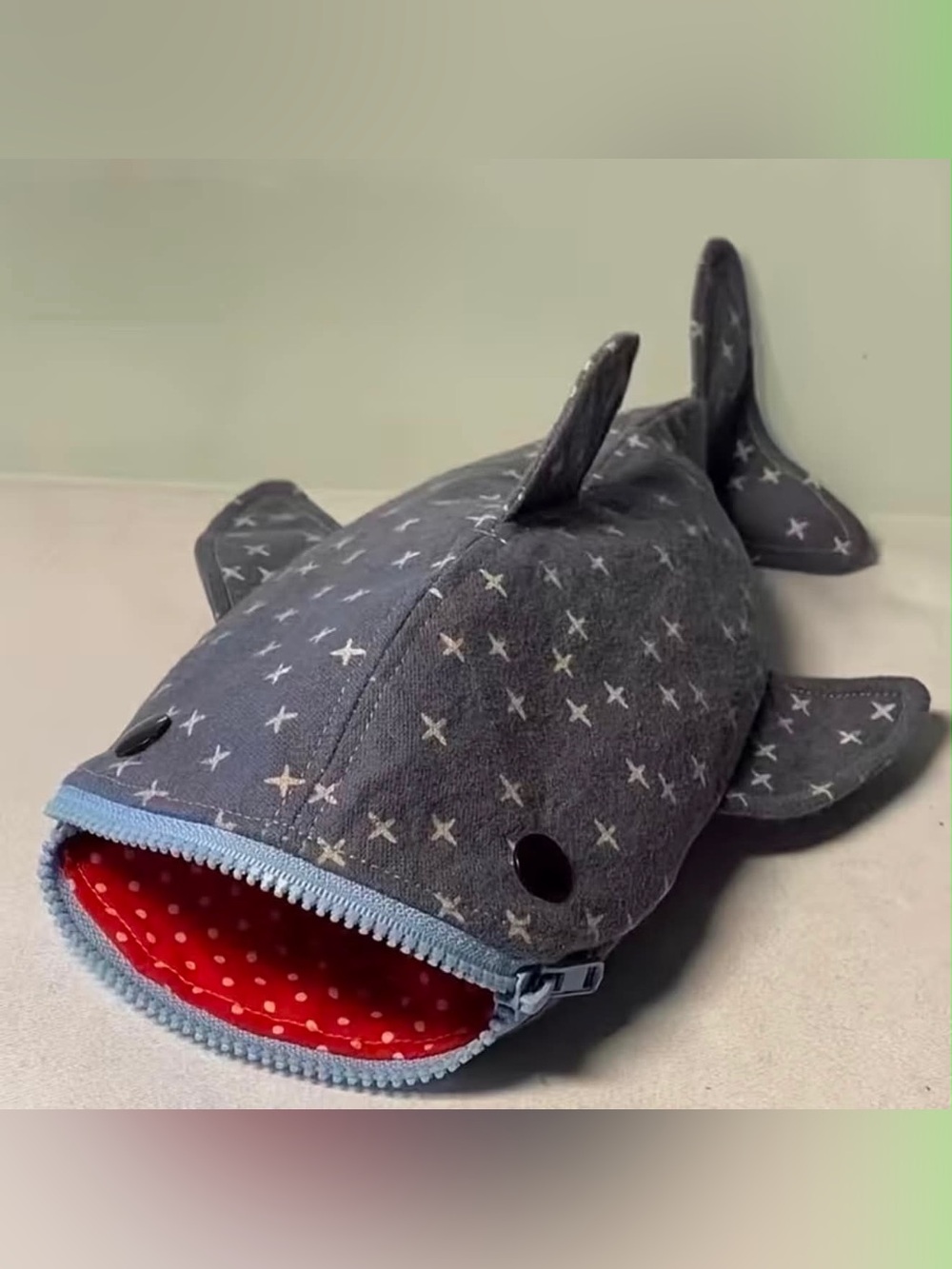 Target Gray Star Pattern Whale Fish Plush Pouch with Red Polka Dot Lining